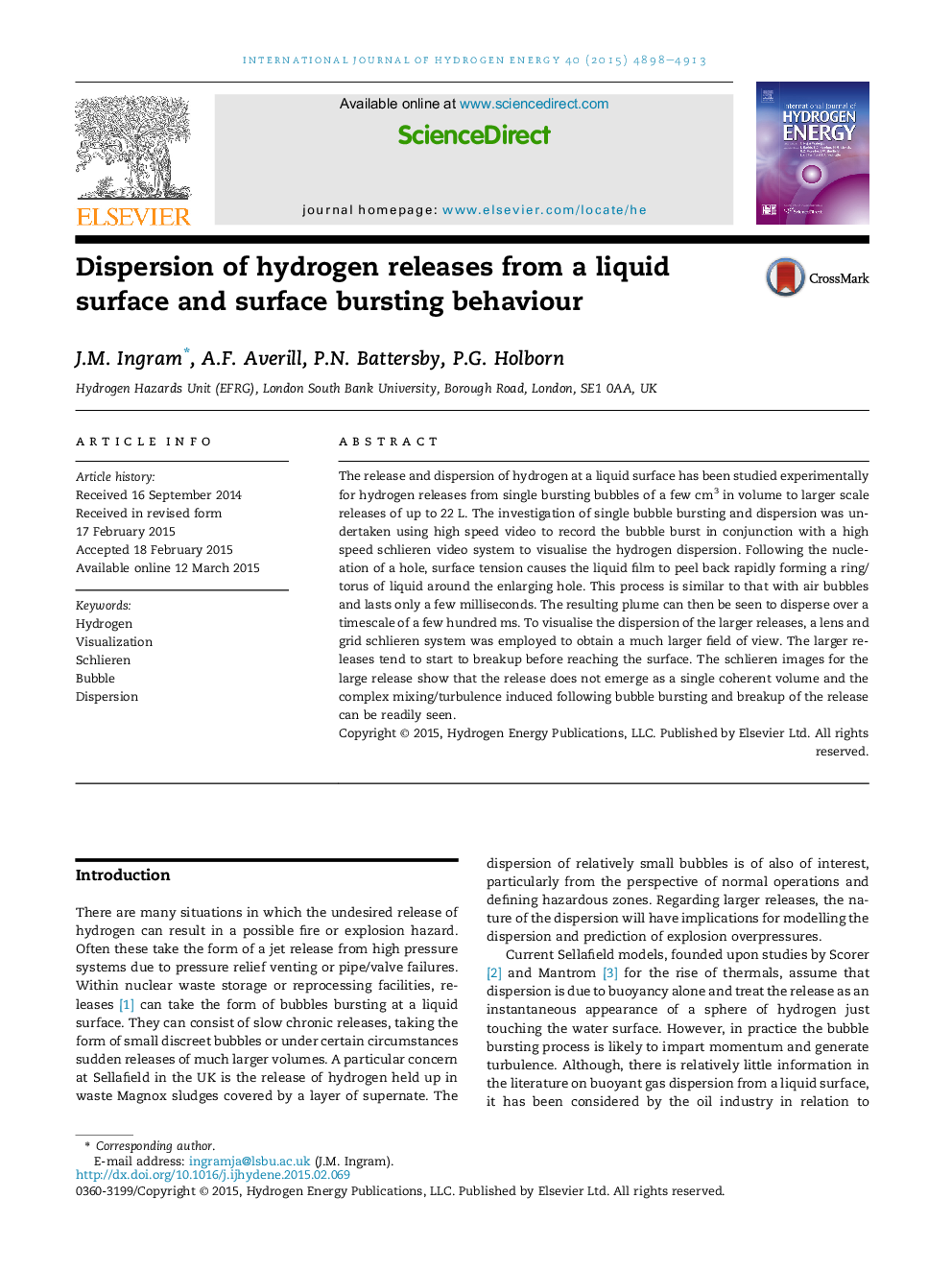 Dispersion of hydrogen releases from a liquid surface and surface bursting behaviour