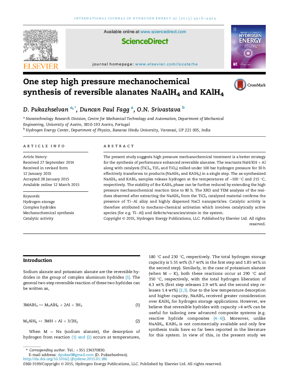 One step high pressure mechanochemical synthesis of reversible alanates NaAlH4 and KAlH4