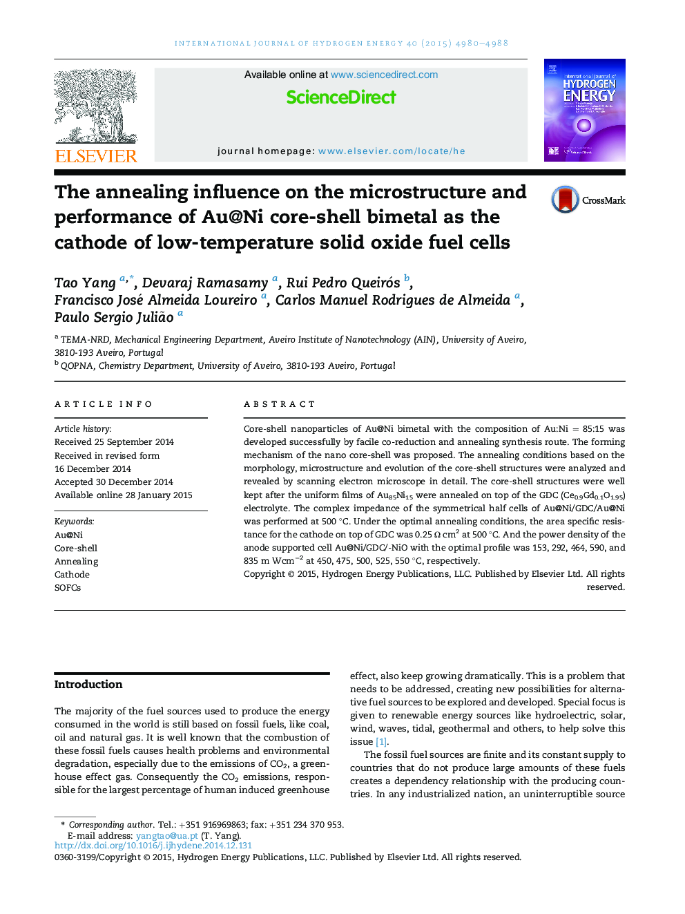 The annealing influence on the microstructure and performance of Au@Ni core-shell bimetal as the cathode of low-temperature solid oxide fuel cells