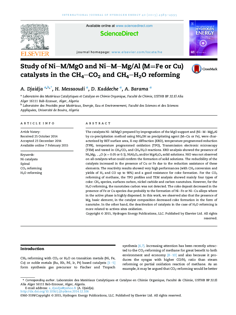 Study of Ni–M/MgO and Ni–M–Mg/Al (M=Fe or Cu) catalysts in the CH4–CO2 and CH4–H2O reforming