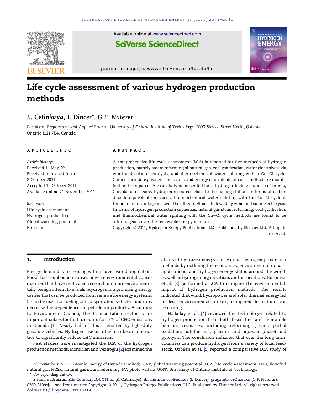 Life cycle assessment of various hydrogen production methods