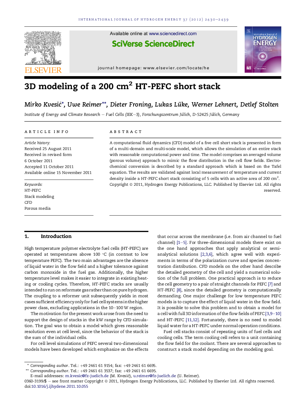 3D modeling of a 200 cm2 HT-PEFC short stack