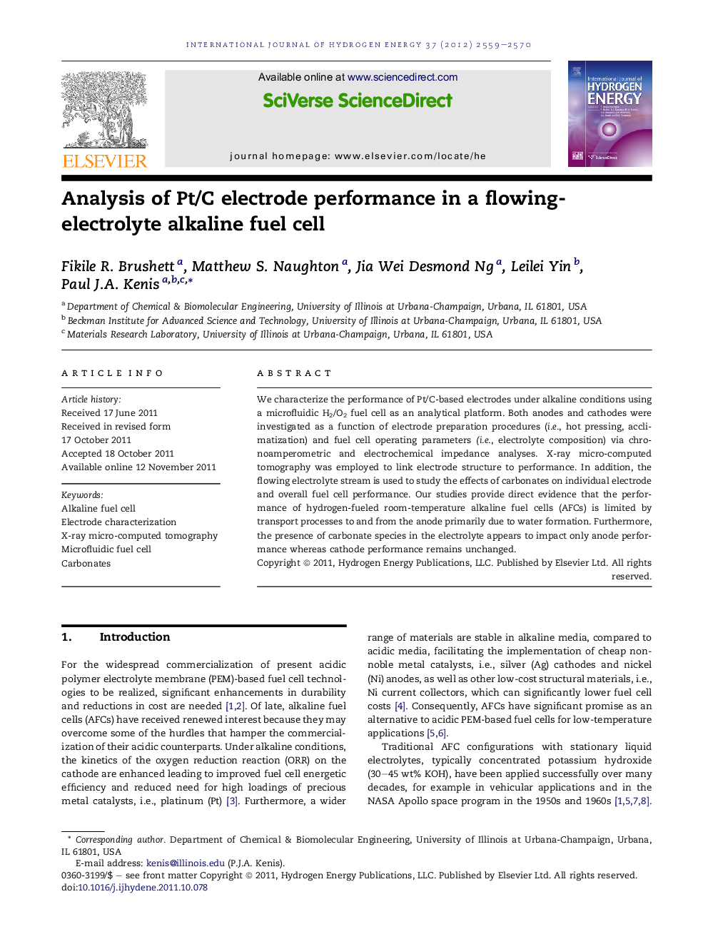 Analysis of Pt/C electrode performance in a flowing-electrolyte alkaline fuel cell