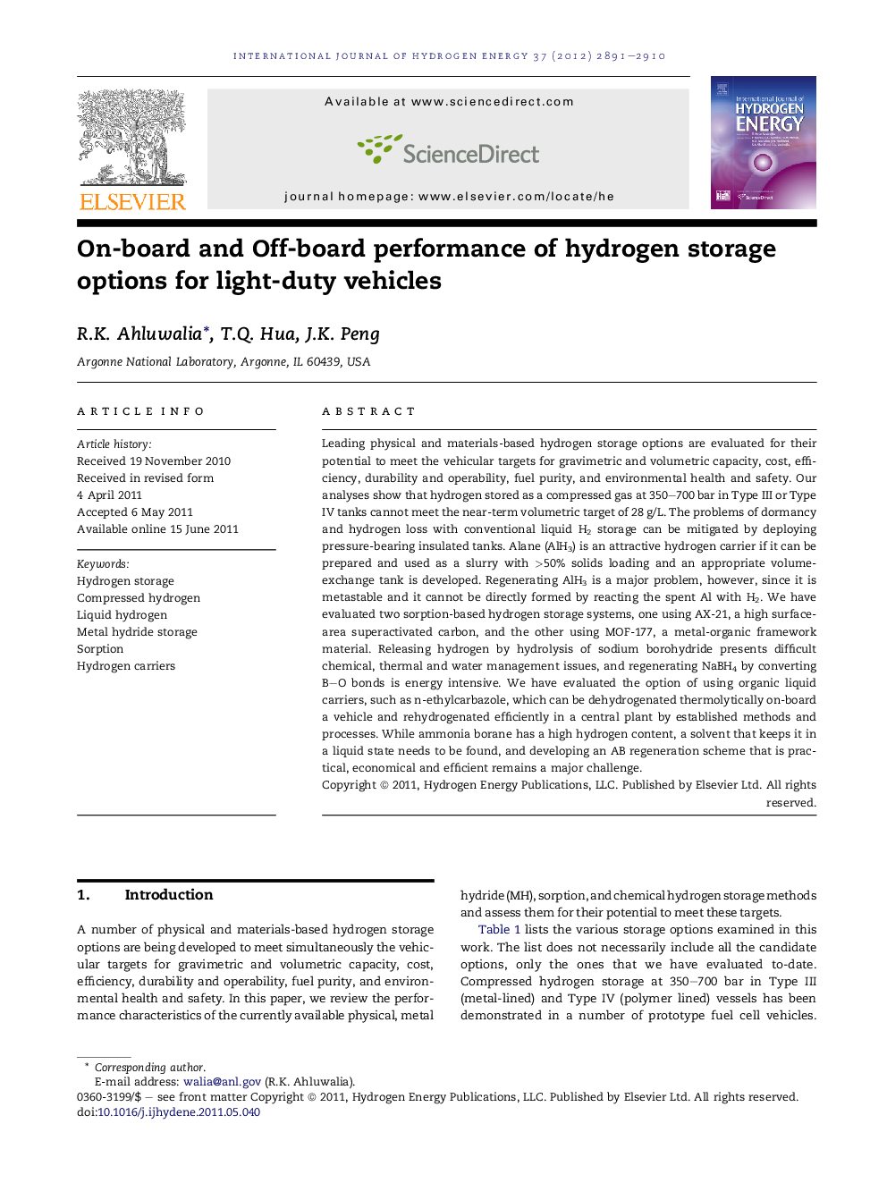 On-board and Off-board performance of hydrogen storage options for light-duty vehicles