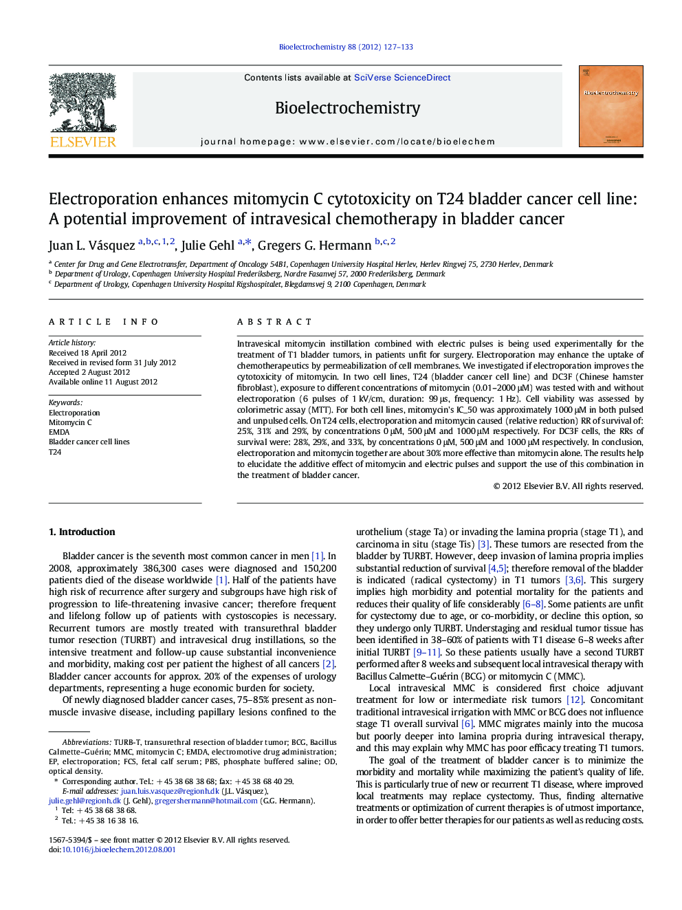 Electroporation enhances mitomycin C cytotoxicity on T24 bladder cancer cell line: A potential improvement of intravesical chemotherapy in bladder cancer