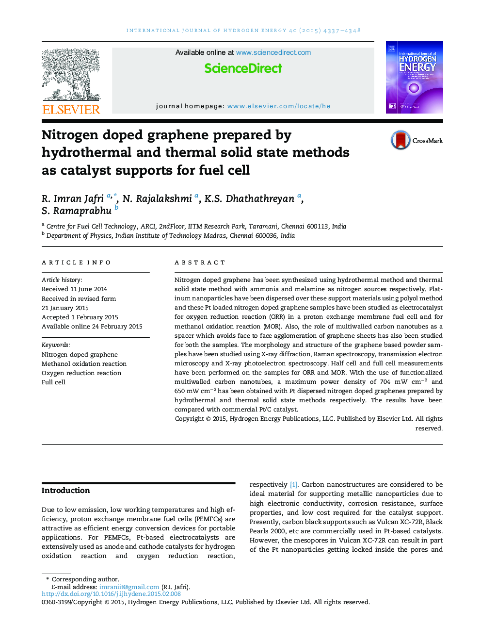 Nitrogen doped graphene prepared by hydrothermal and thermal solid state methods as catalyst supports for fuel cell