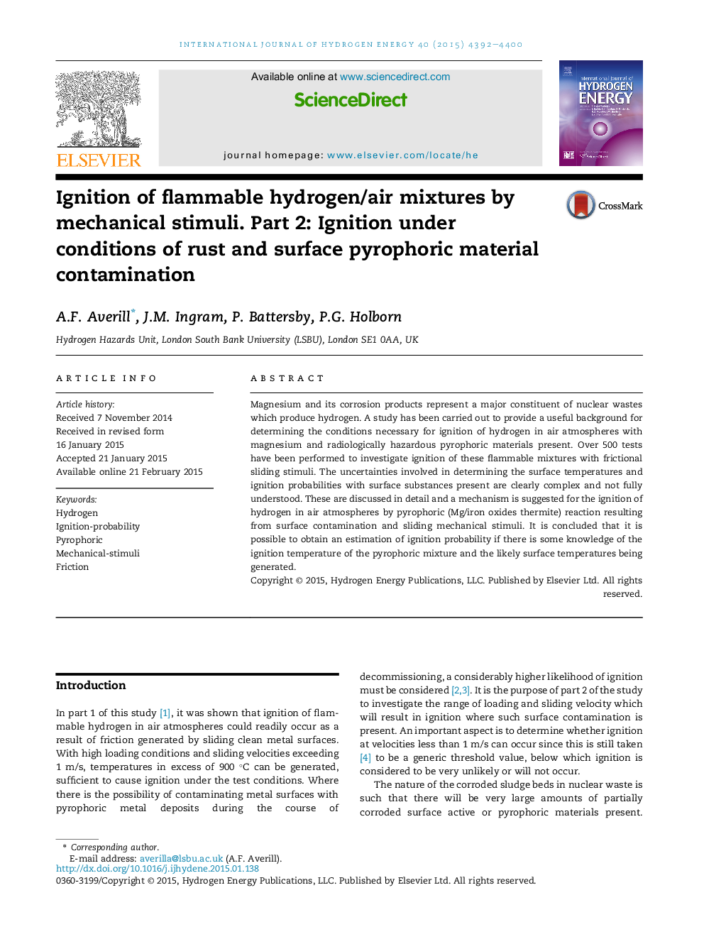 Ignition of flammable hydrogen/air mixtures by mechanical stimuli. Part 2: Ignition under conditions of rust and surface pyrophoric material contamination