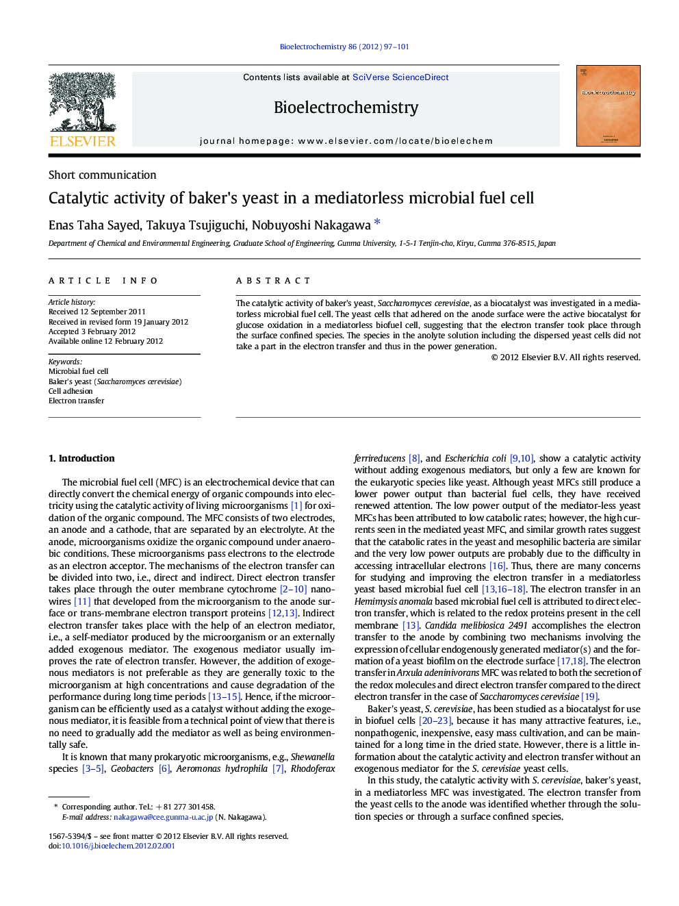 Catalytic activity of baker's yeast in a mediatorless microbial fuel cell