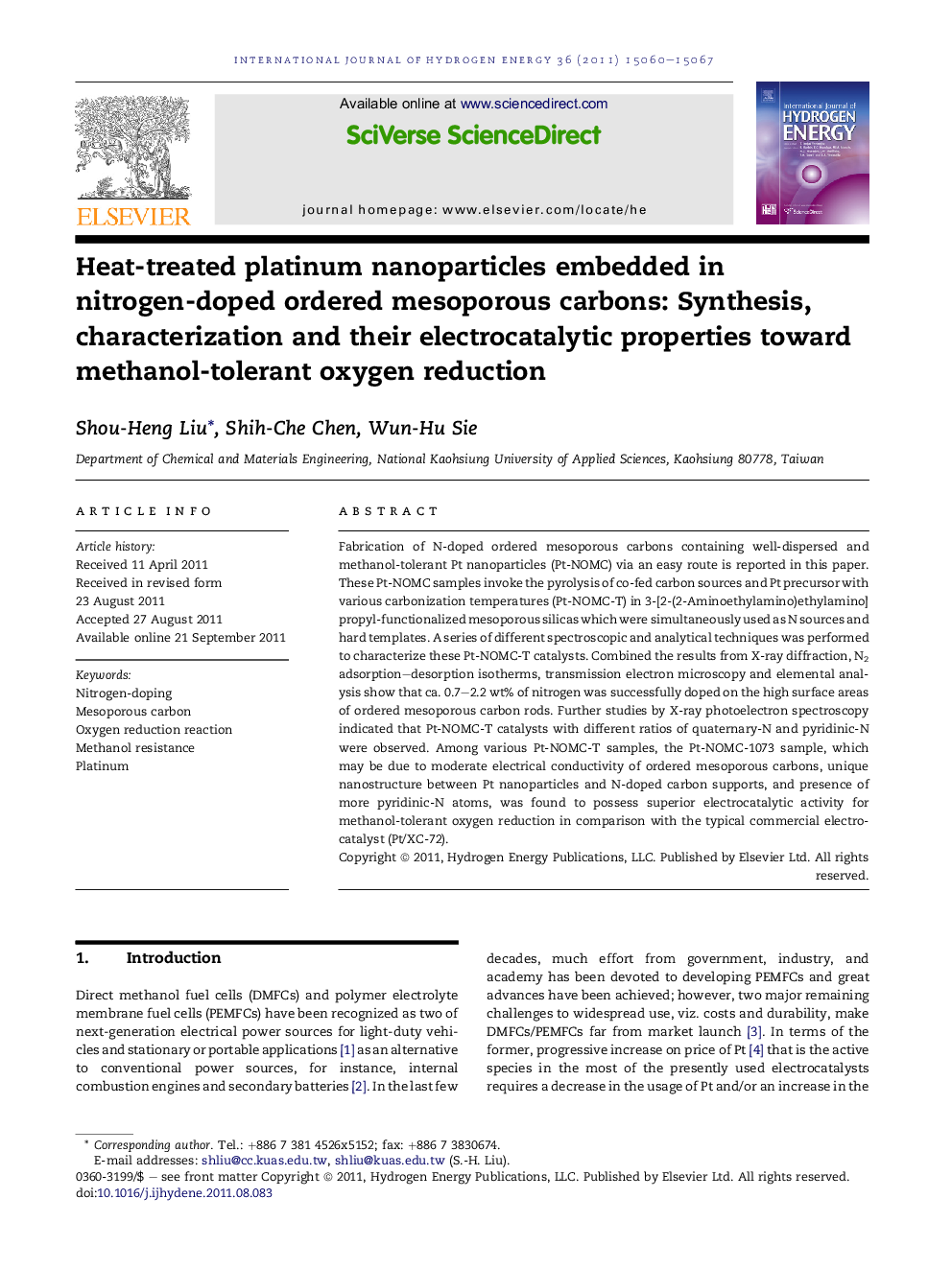 Heat-treated platinum nanoparticles embedded in nitrogen-doped ordered mesoporous carbons: Synthesis, characterization and their electrocatalytic properties toward methanol-tolerant oxygen reduction