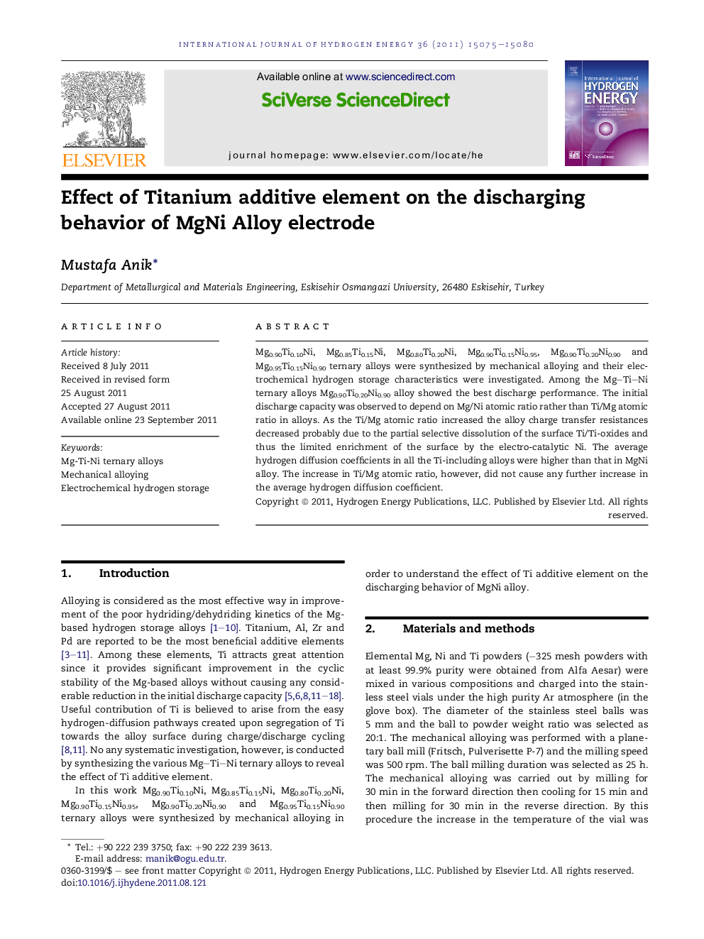 Effect of Titanium additive element on the discharging behavior of MgNi Alloy electrode