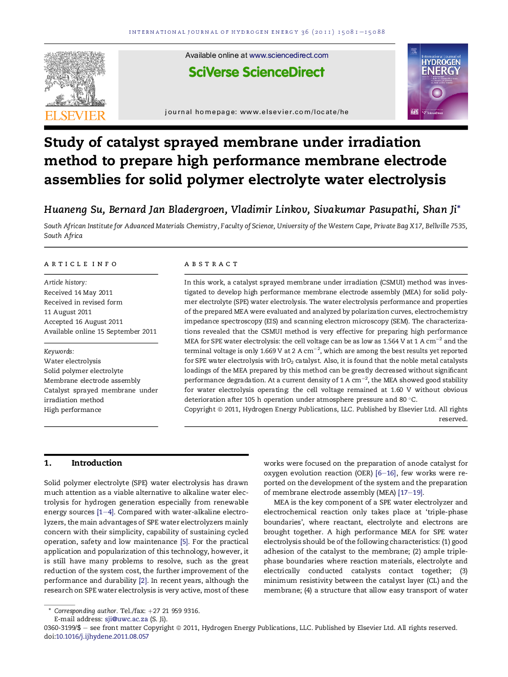 Study of catalyst sprayed membrane under irradiation method to prepare high performance membrane electrode assemblies for solid polymer electrolyte water electrolysis