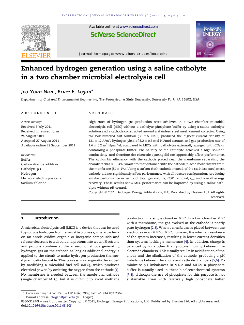 Enhanced hydrogen generation using a saline catholyte in a two chamber microbial electrolysis cell