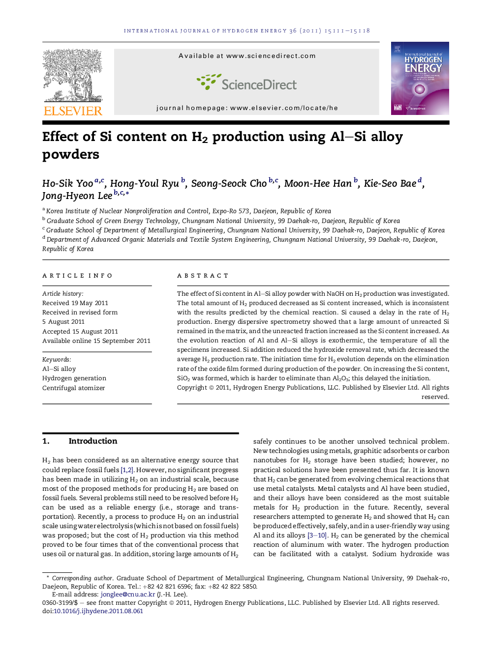 Effect of Si content on H2 production using Al–Si alloy powders