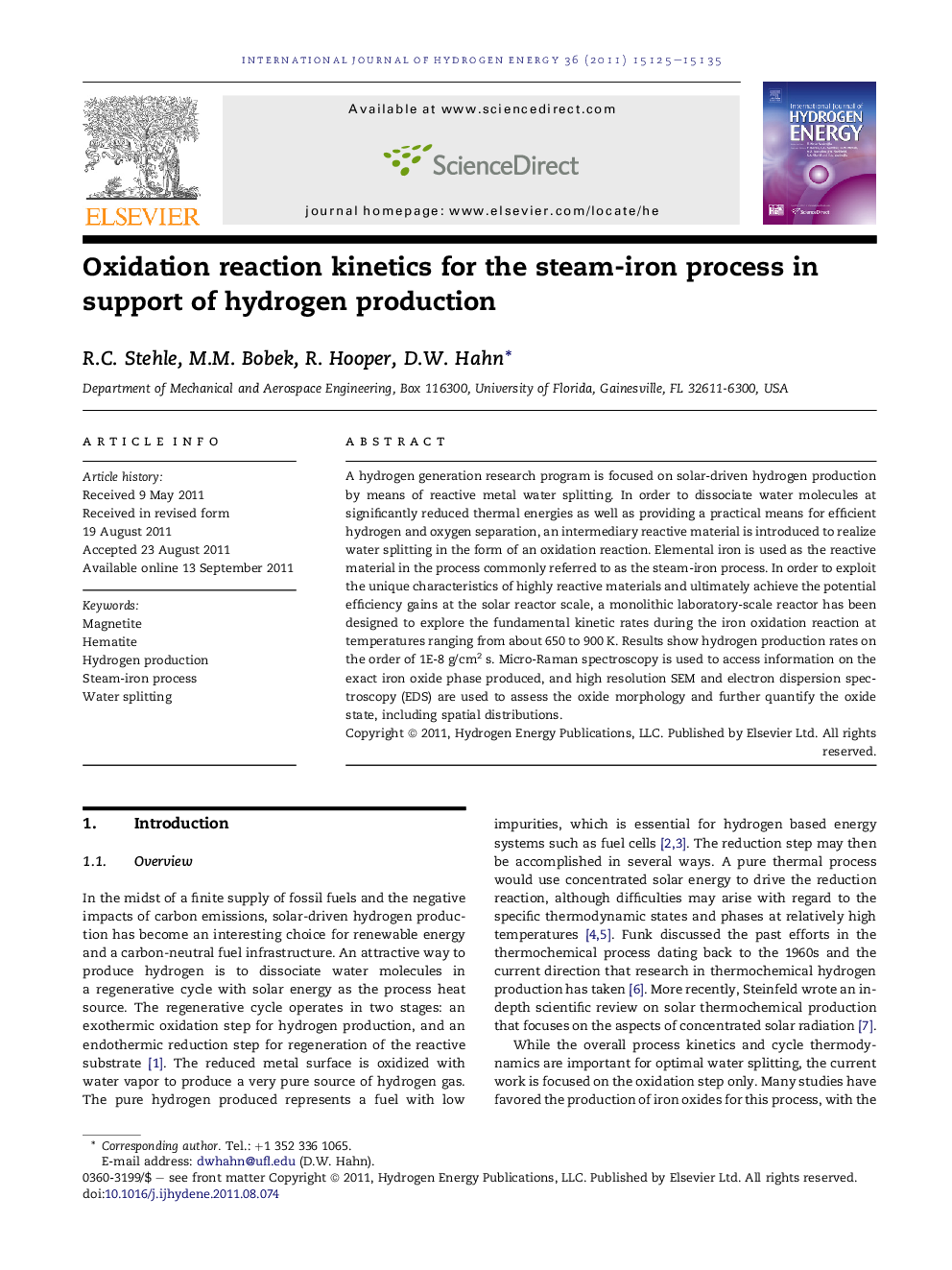 Oxidation reaction kinetics for the steam-iron process in support of hydrogen production