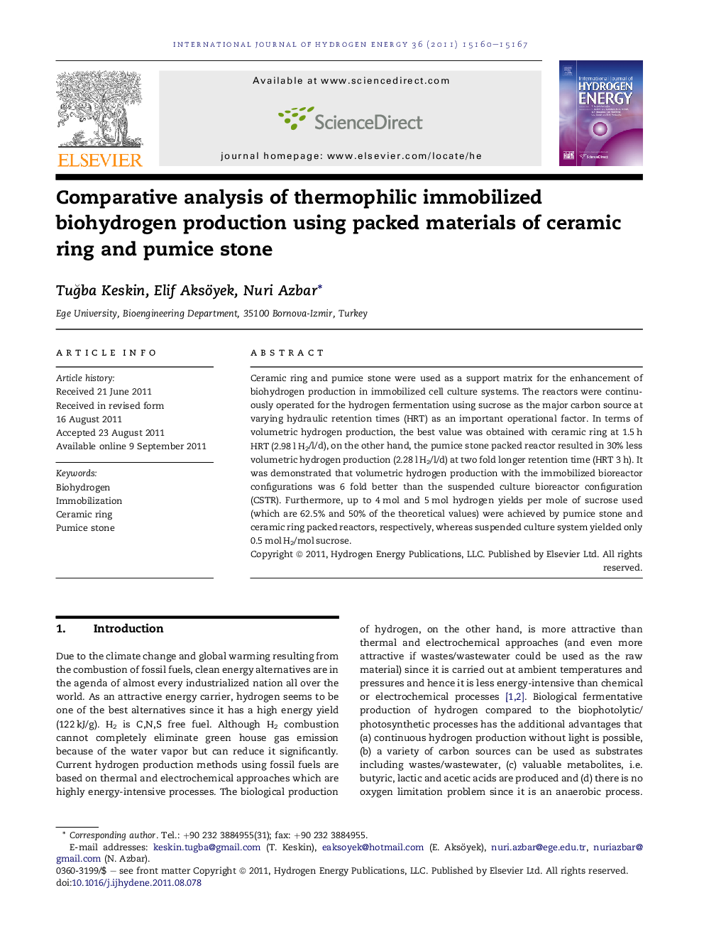 Comparative analysis of thermophilic immobilized biohydrogen production using packed materials of ceramic ring and pumice stone