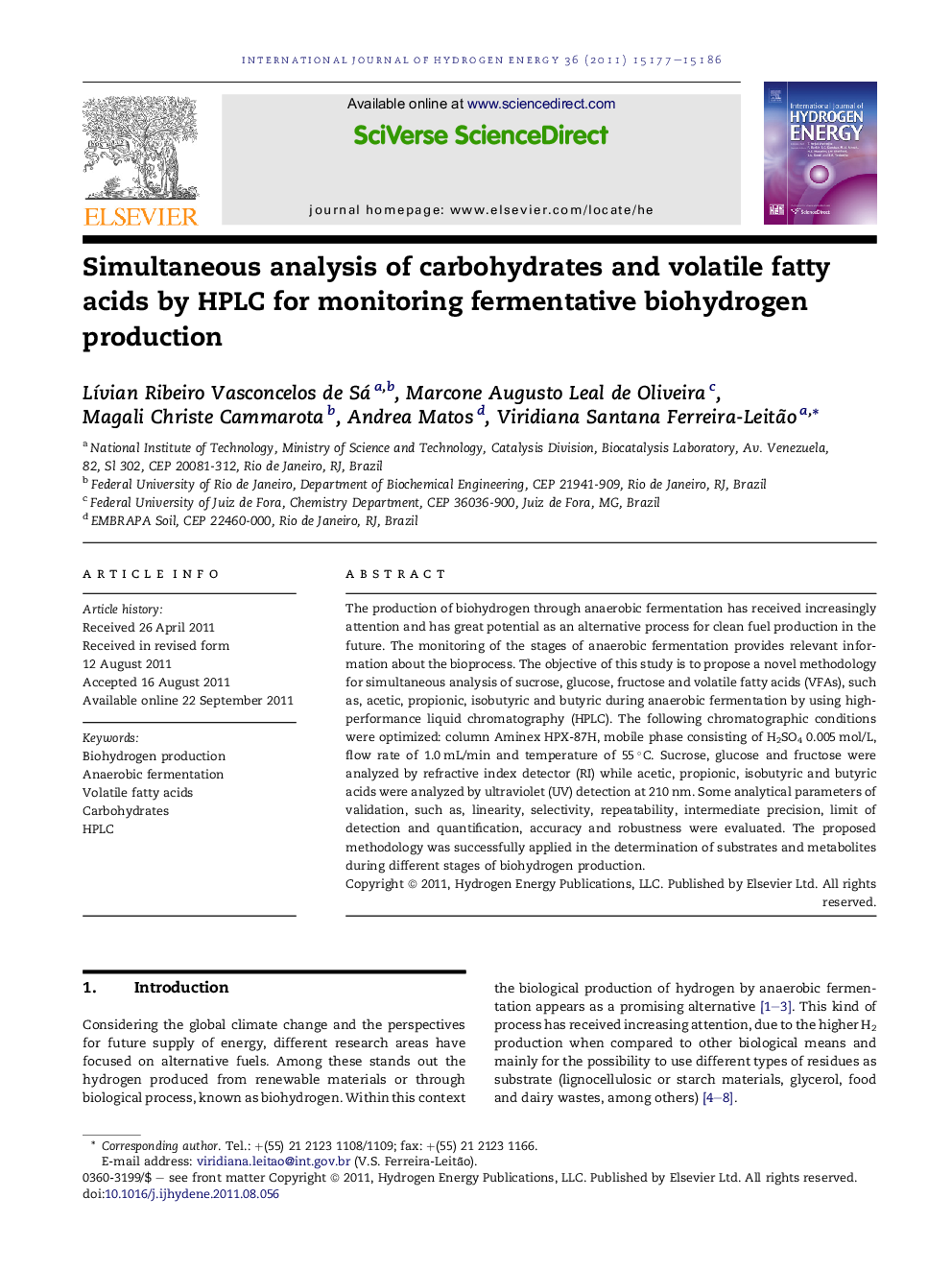 Simultaneous analysis of carbohydrates and volatile fatty acids by HPLC for monitoring fermentative biohydrogen production