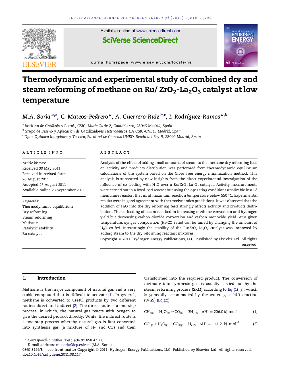 Thermodynamic and experimental study of combined dry and steam reforming of methane on Ru/ ZrO2-La2O3 catalyst at low temperature