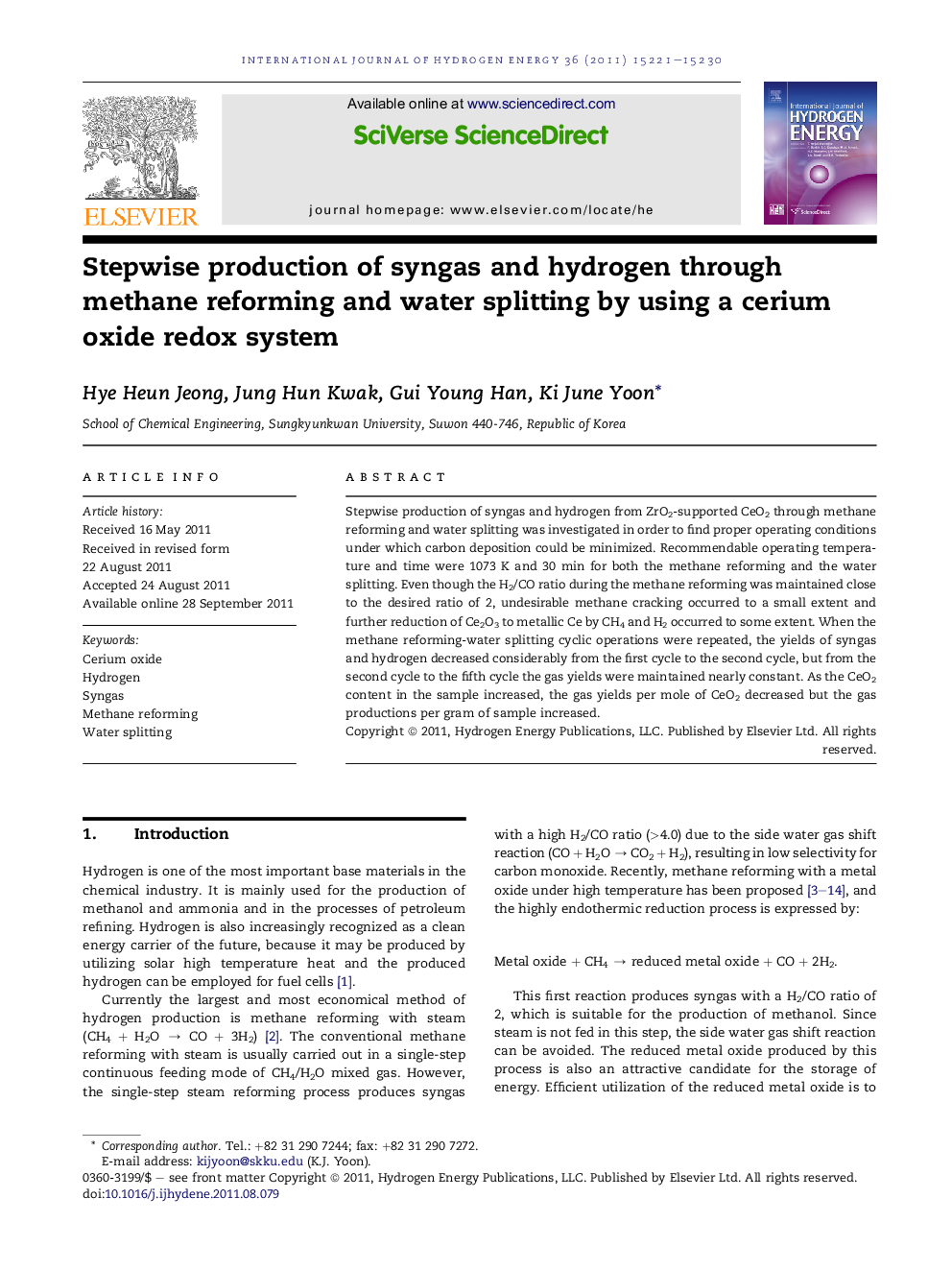 Stepwise production of syngas and hydrogen through methane reforming and water splitting by using a cerium oxide redox system