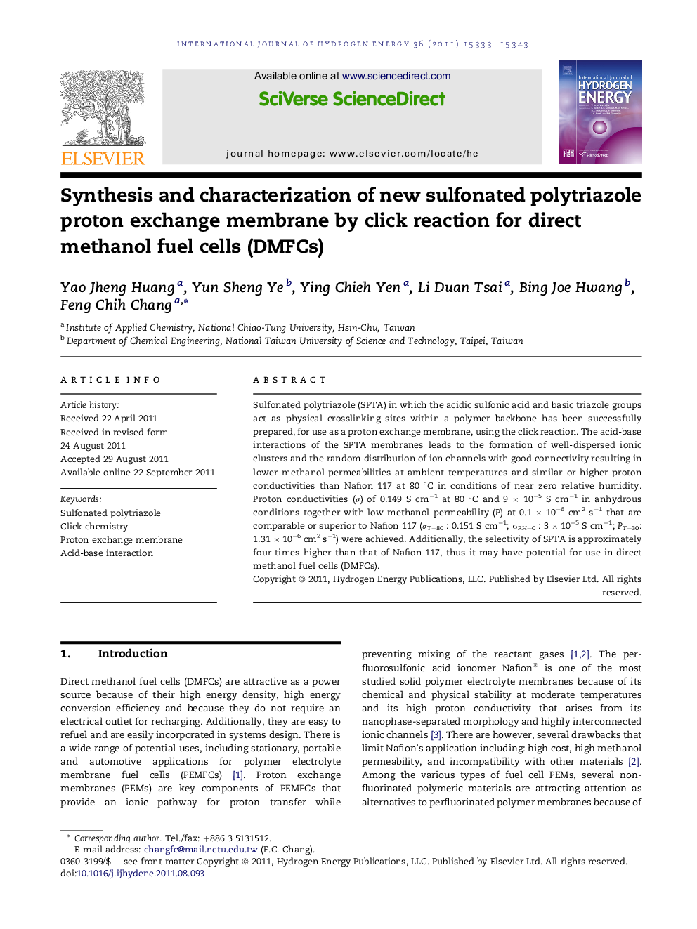 Synthesis and characterization of new sulfonated polytriazole proton exchange membrane by click reaction for direct methanol fuel cells (DMFCs)