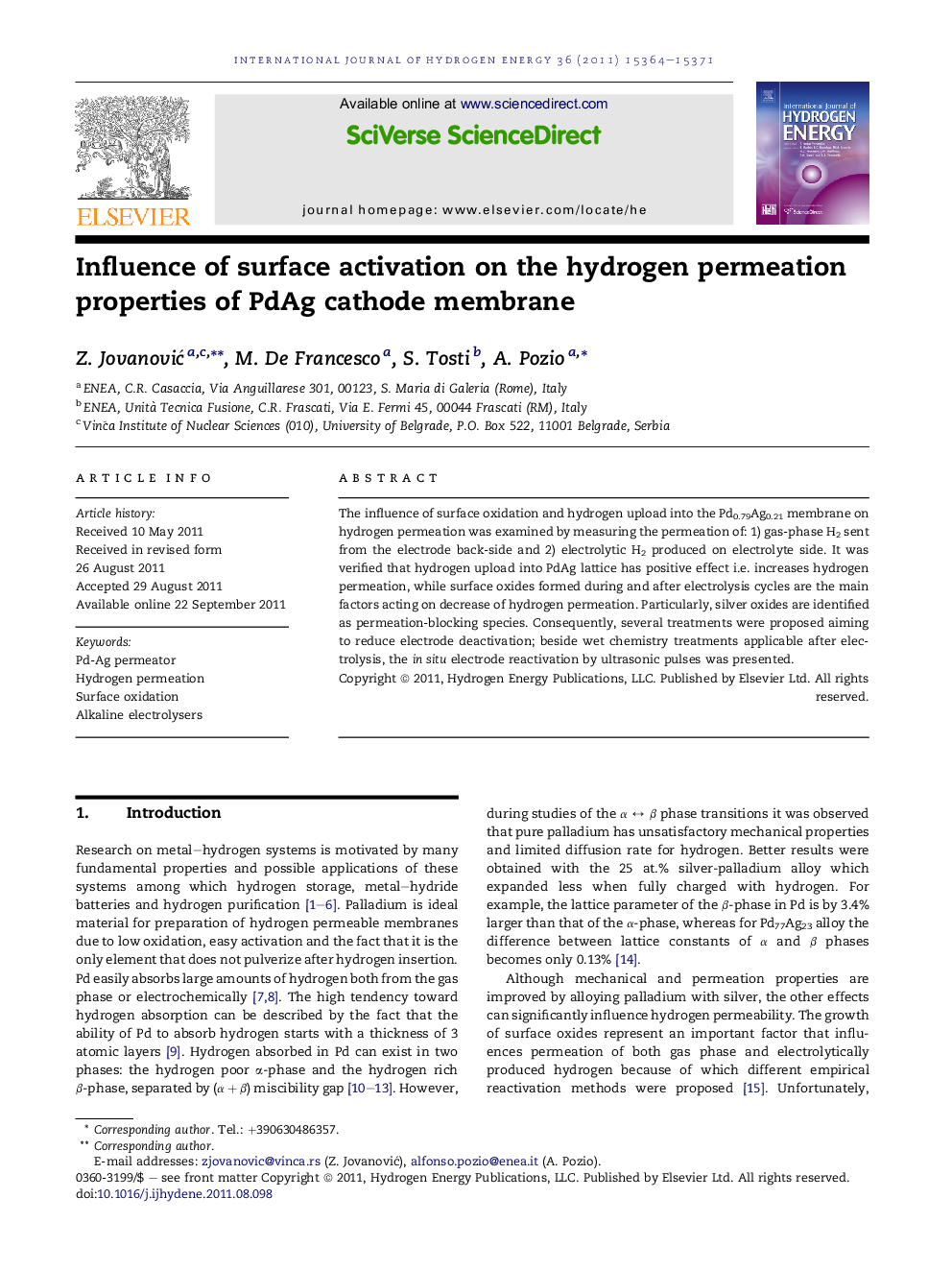 Influence of surface activation on the hydrogen permeation properties of PdAg cathode membrane