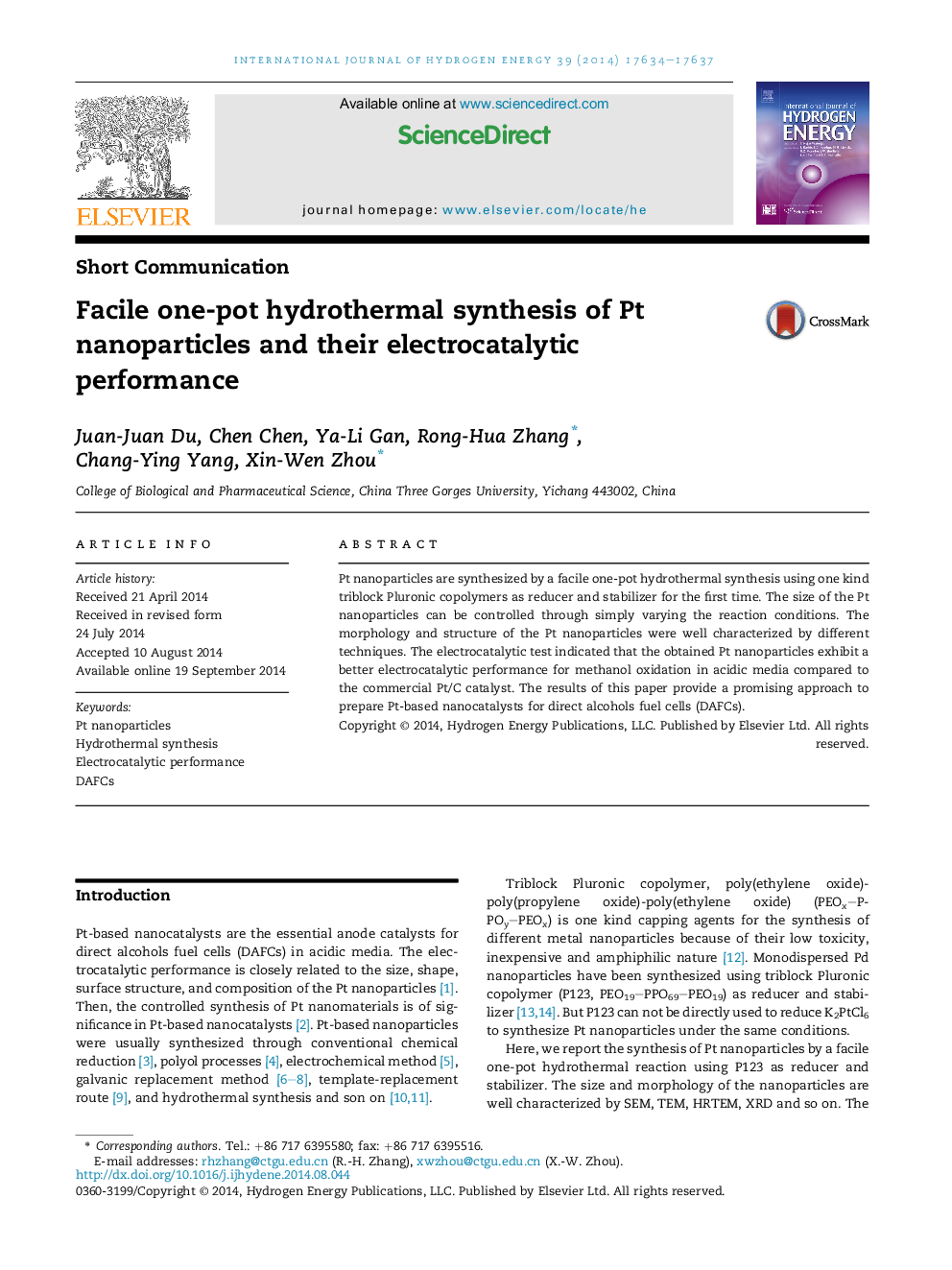 Facile one-pot hydrothermal synthesis of Pt nanoparticles and their electrocatalytic performance