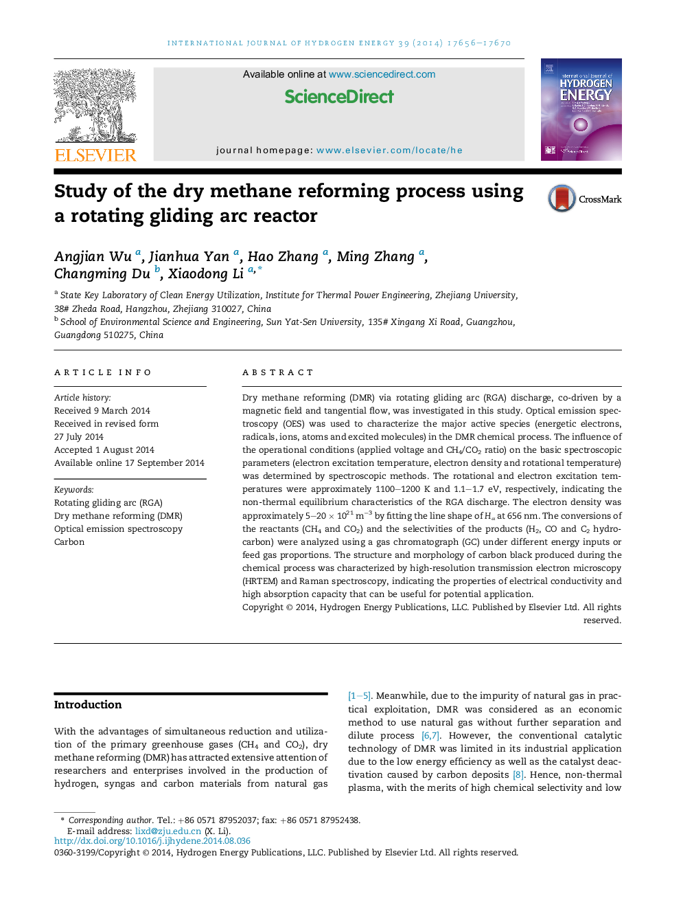 Study of the dry methane reforming process using a rotating gliding arc reactor