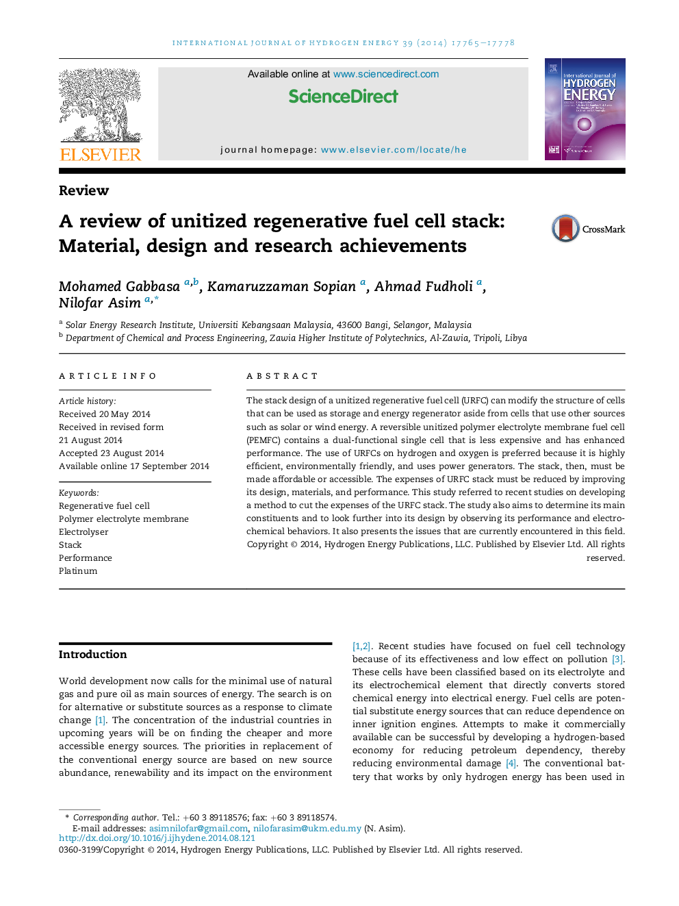 A review of unitized regenerative fuel cell stack: Material, design and research achievements