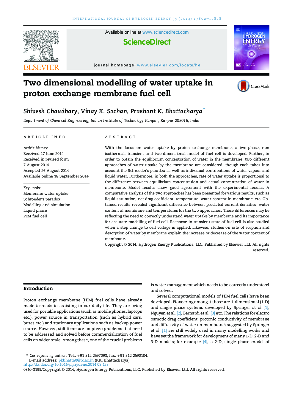 Two dimensional modelling of water uptake in proton exchange membrane fuel cell