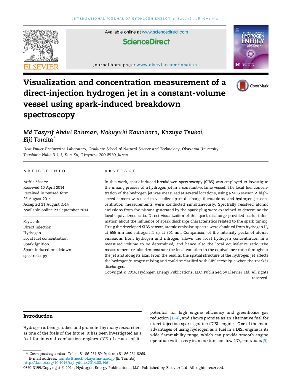 Visualization and concentration measurement of a direct-injection hydrogen jet in a constant-volume vessel using spark-induced breakdown spectroscopy