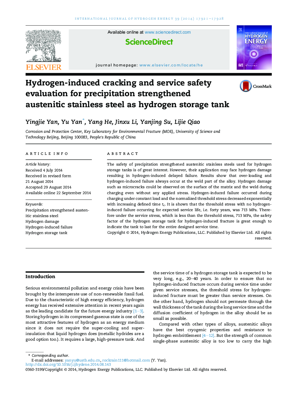 Hydrogen-induced cracking and service safety evaluation for precipitation strengthened austenitic stainless steel as hydrogen storage tank