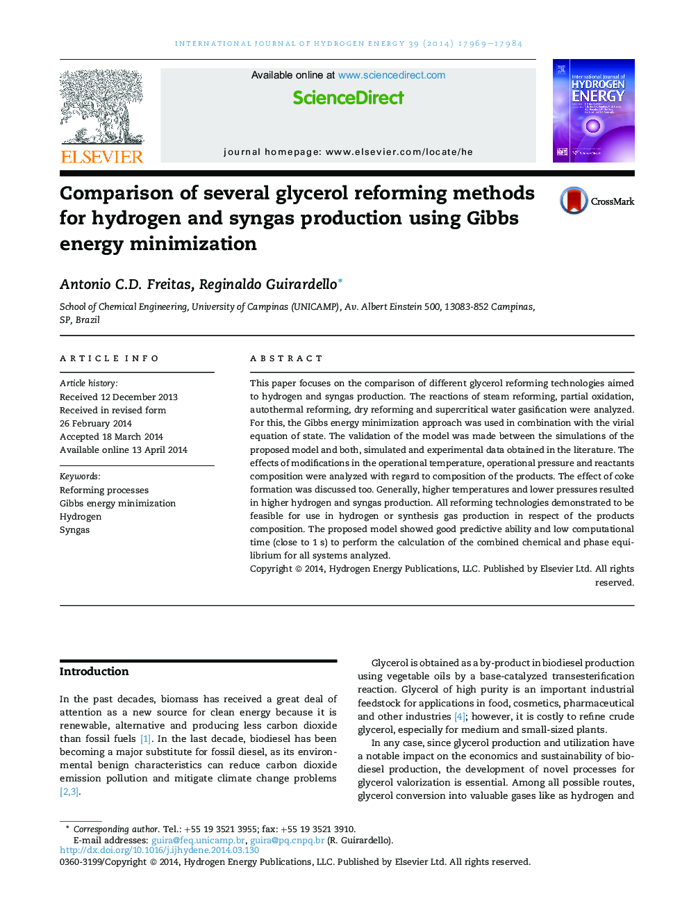 Comparison of several glycerol reforming methods for hydrogen and syngas production using Gibbs energy minimization