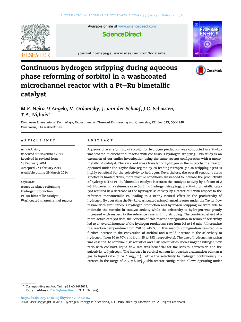 Continuous hydrogen stripping during aqueous phase reforming of sorbitol in a washcoated microchannel reactor with a Pt–Ru bimetallic catalyst