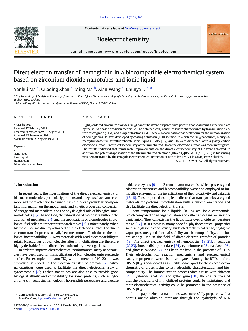 Direct electron transfer of hemoglobin in a biocompatible electrochemical system based on zirconium dioxide nanotubes and ionic liquid