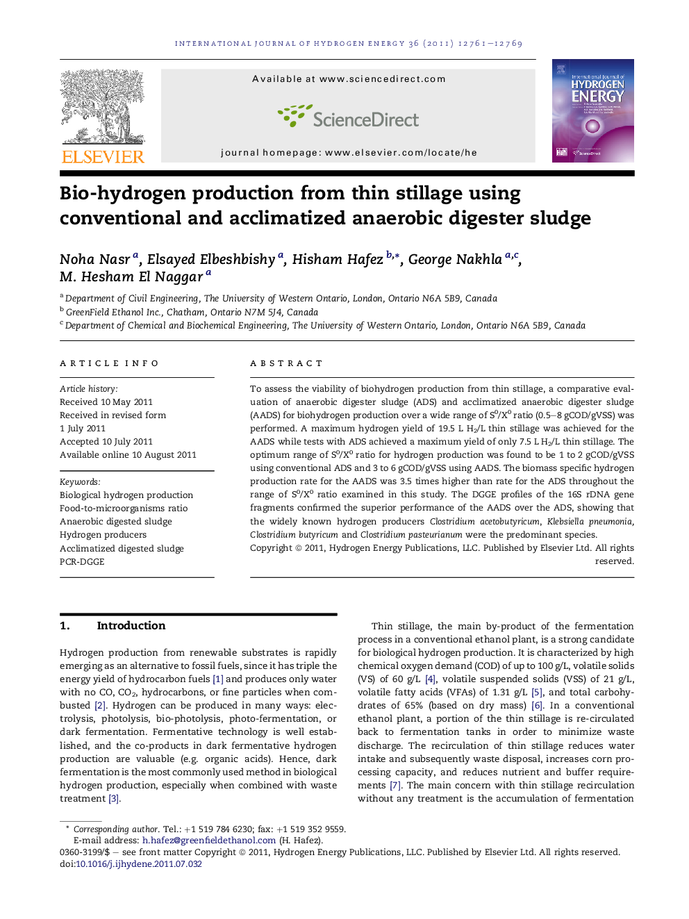 Bio-hydrogen production from thin stillage using conventional and acclimatized anaerobic digester sludge