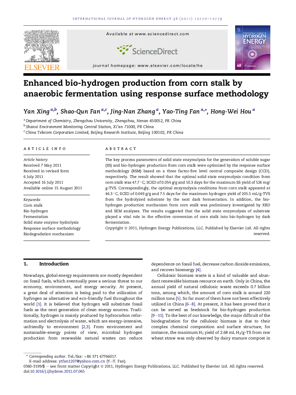 Enhanced bio-hydrogen production from corn stalk by anaerobic fermentation using response surface methodology