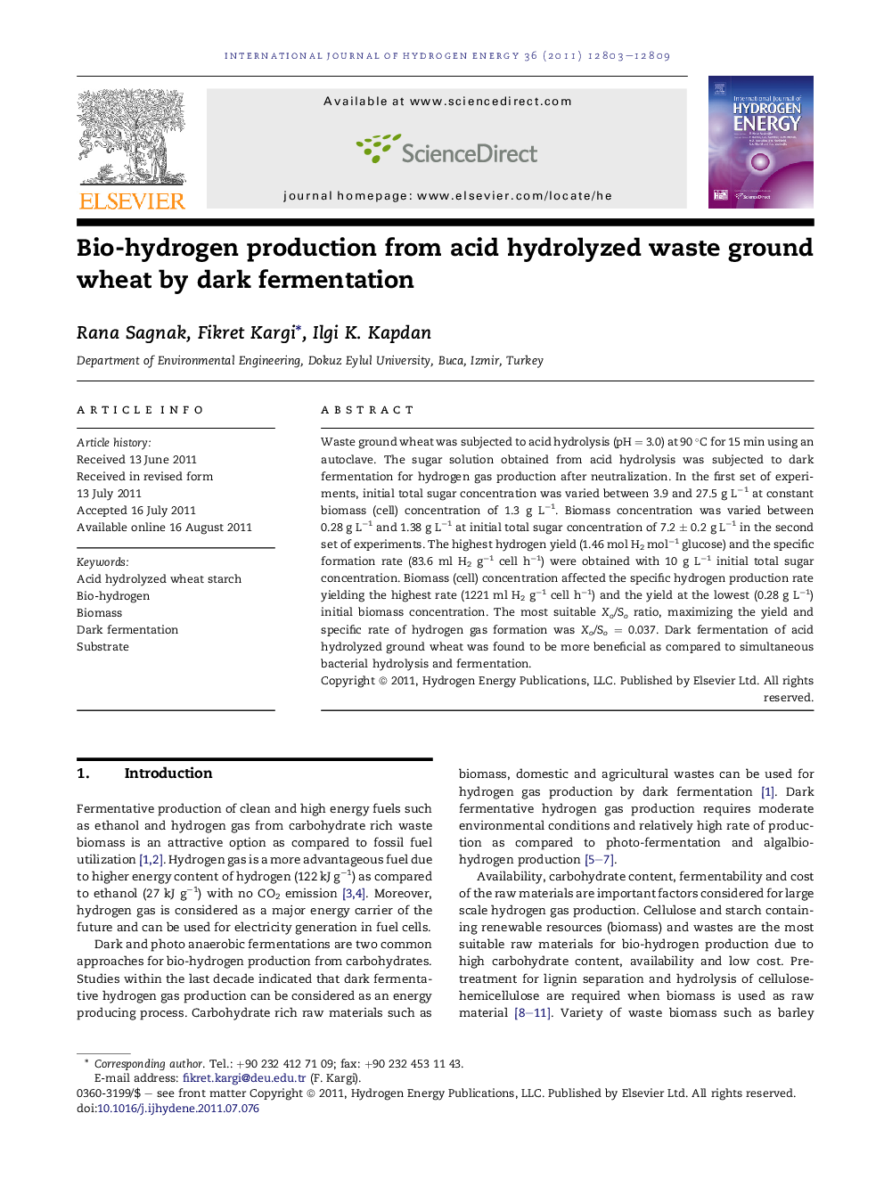 Bio-hydrogen production from acid hydrolyzed waste ground wheat by dark fermentation