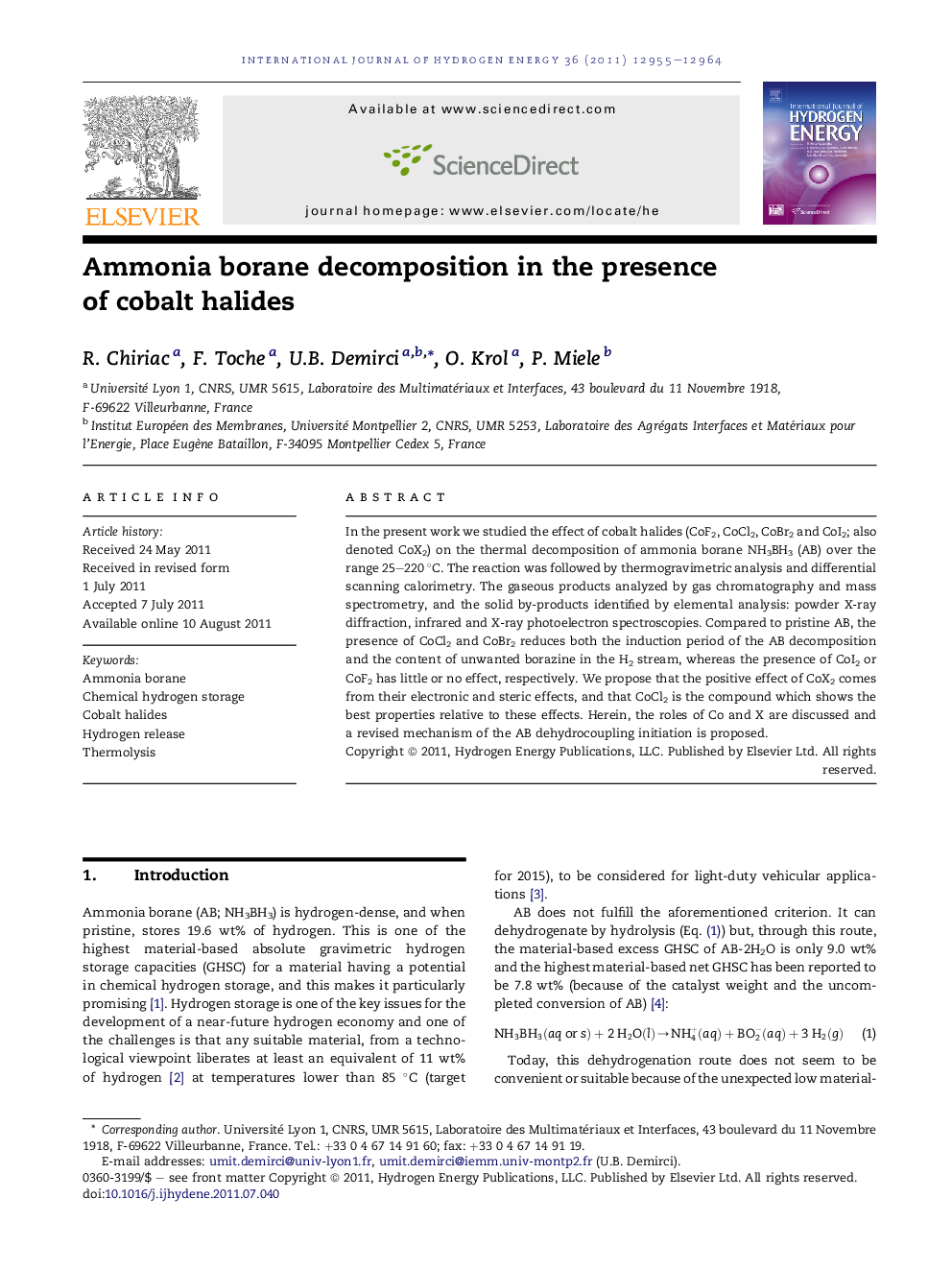 Ammonia borane decomposition in the presence of cobalt halides