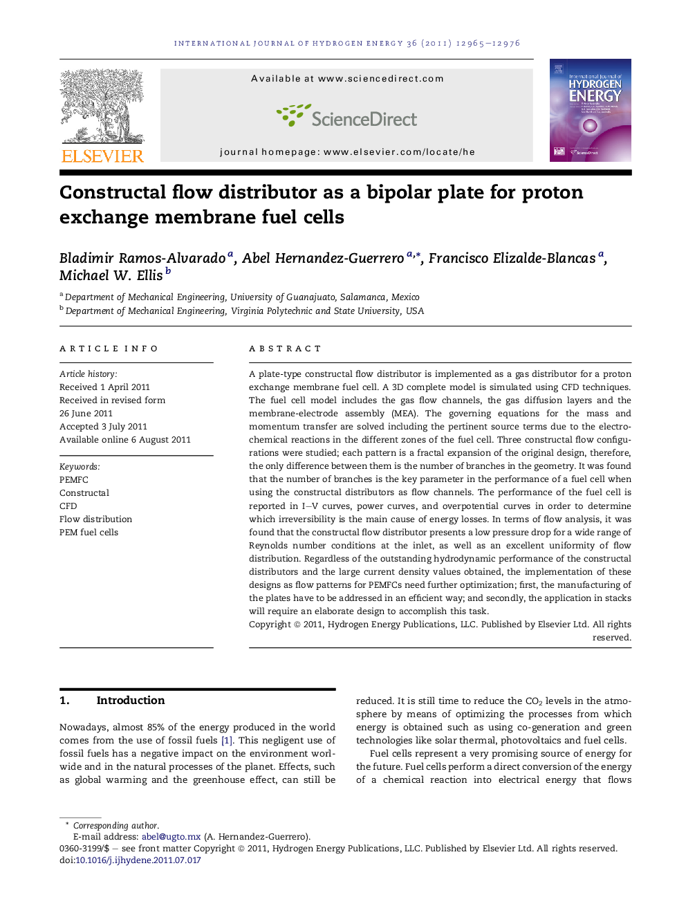 Constructal flow distributor as a bipolar plate for proton exchange membrane fuel cells