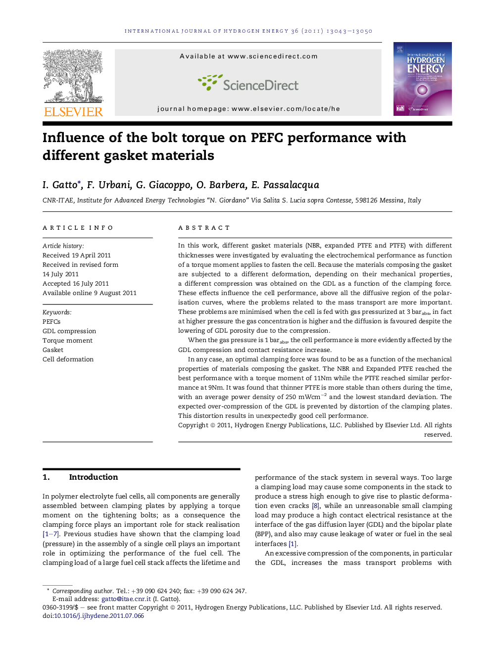 Influence of the bolt torque on PEFC performance with different gasket materials