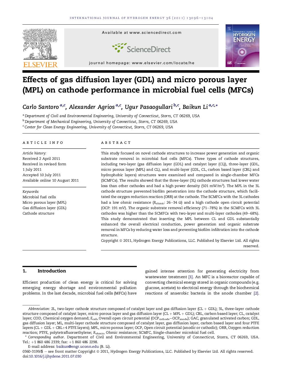 Effects of gas diffusion layer (GDL) and micro porous layer (MPL) on cathode performance in microbial fuel cells (MFCs)