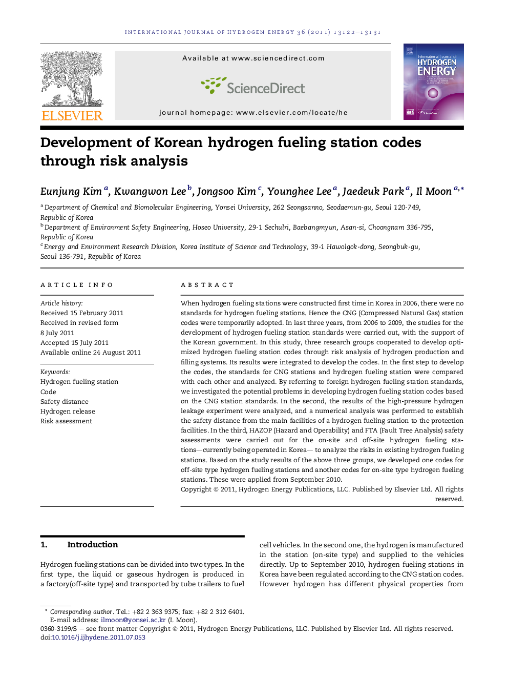 Development of Korean hydrogen fueling station codes through risk analysis