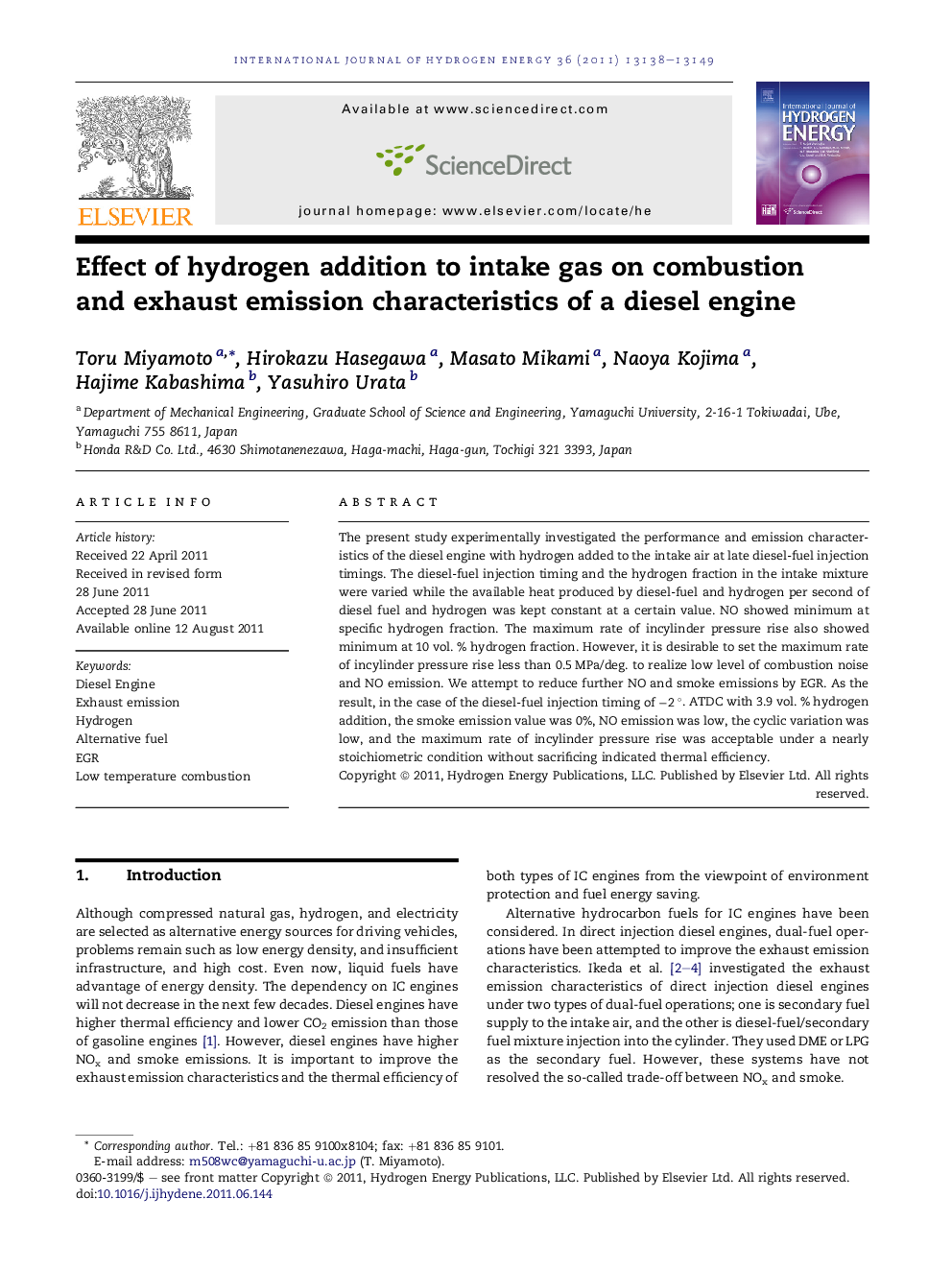 Effect of hydrogen addition to intake gas on combustion and exhaust emission characteristics of a diesel engine