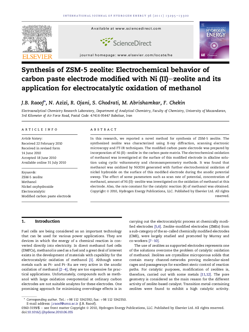 Synthesis of ZSM-5 zeolite: Electrochemical behavior of carbon paste electrode modified with Ni (II)–zeolite and its application for electrocatalytic oxidation of methanol