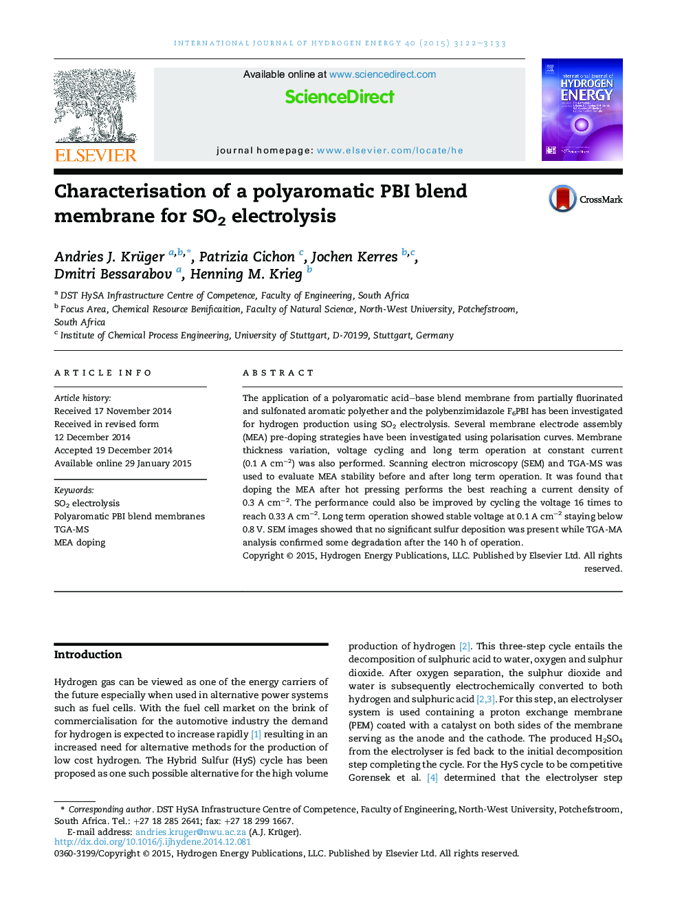 Characterisation of a polyaromatic PBI blend membrane for SO2 electrolysis