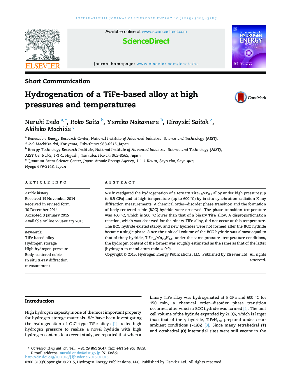 Hydrogenation of a TiFe-based alloy at high pressures and temperatures