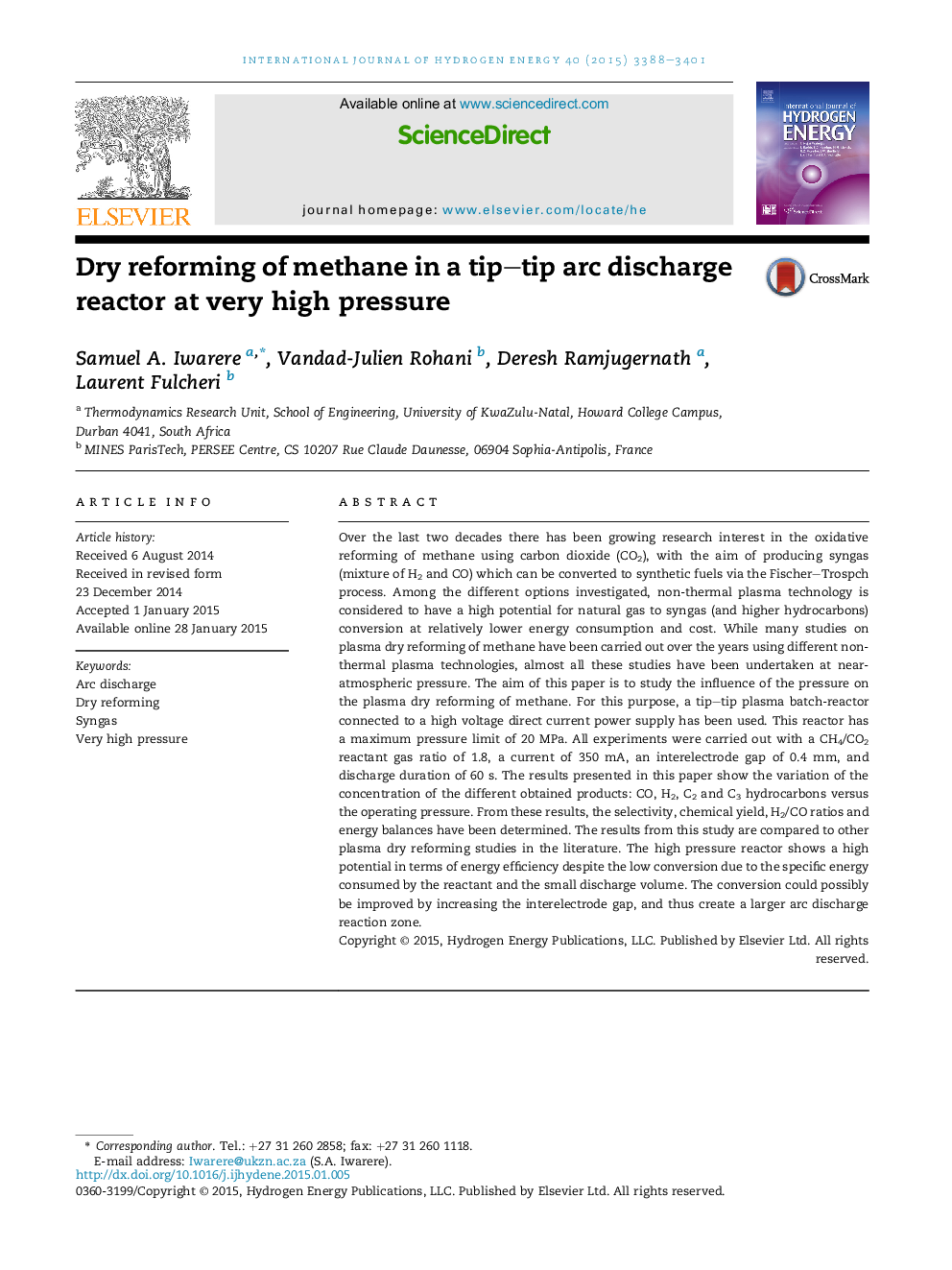 Dry reforming of methane in a tip–tip arc discharge reactor at very high pressure