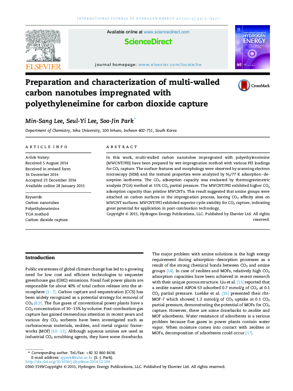 Preparation and characterization of multi-walled carbon nanotubes impregnated with polyethyleneimine for carbon dioxide capture