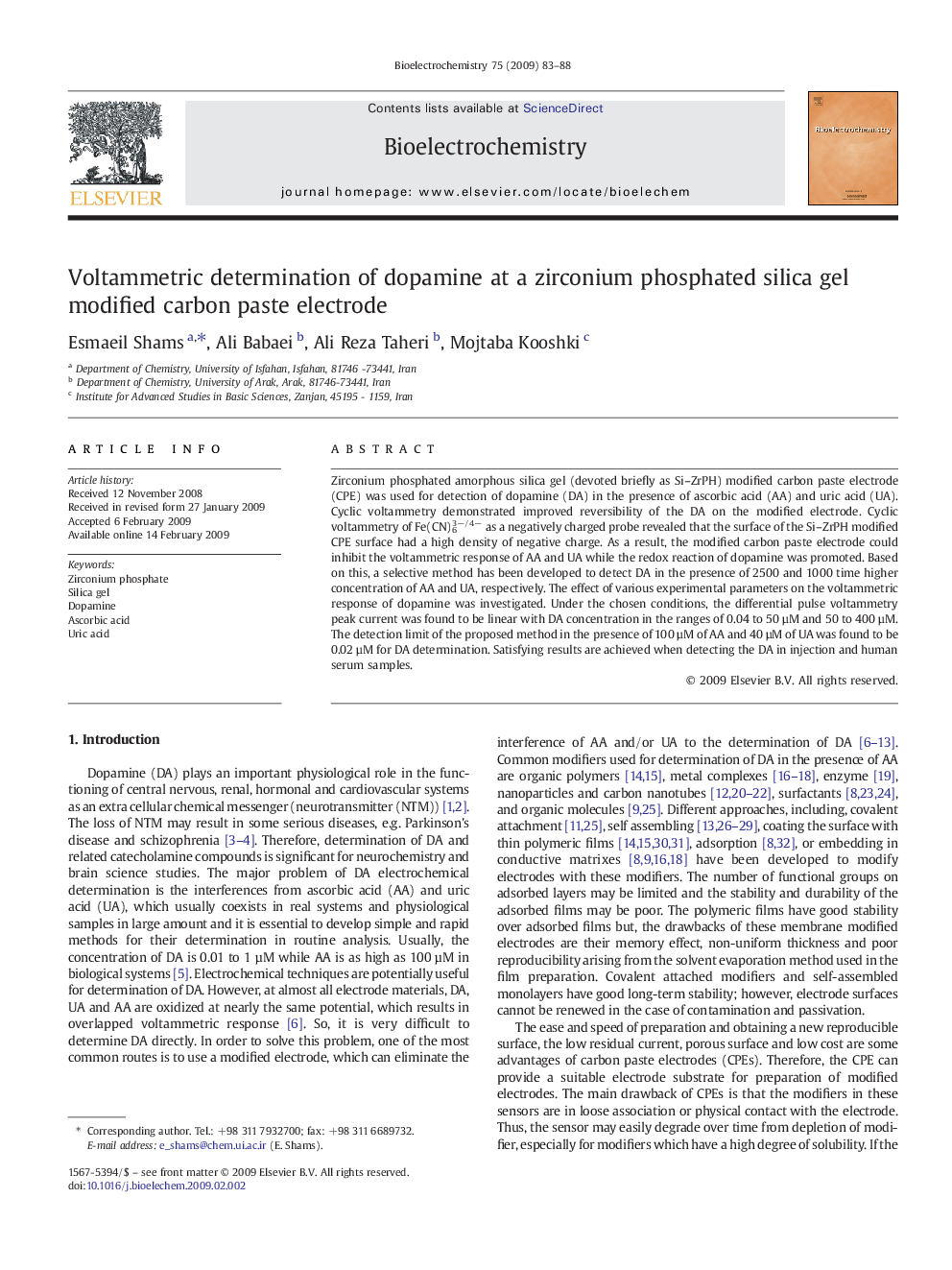 Voltammetric determination of dopamine at a zirconium phosphated silica gel modified carbon paste electrode