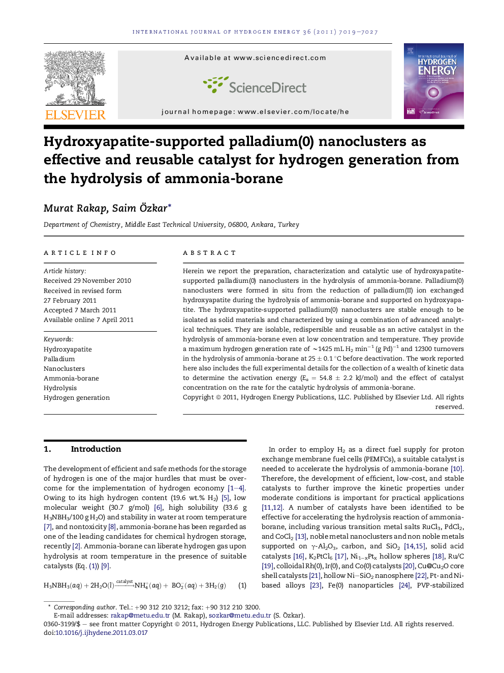 Hydroxyapatite-supported palladium(0) nanoclusters as effective and reusable catalyst for hydrogen generation from the hydrolysis of ammonia-borane