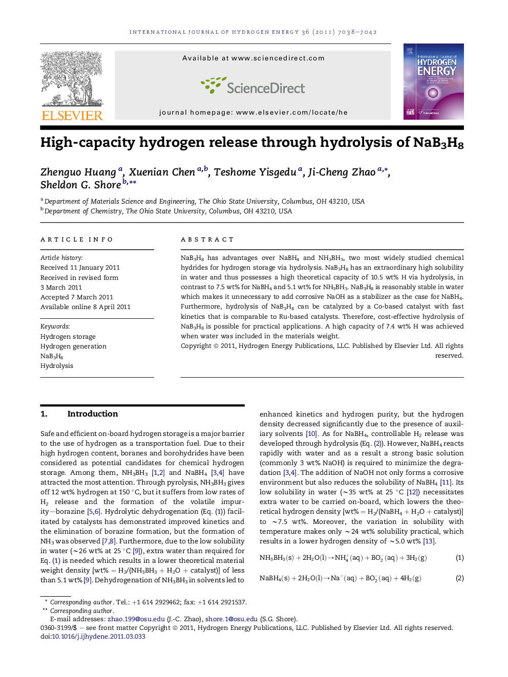 عکس صفحه اول مقاله: High-capacity hydrogen release through hydrolysis of NaB3H8 High-capacity hydrogen release through hydrolysis of NaB3H8